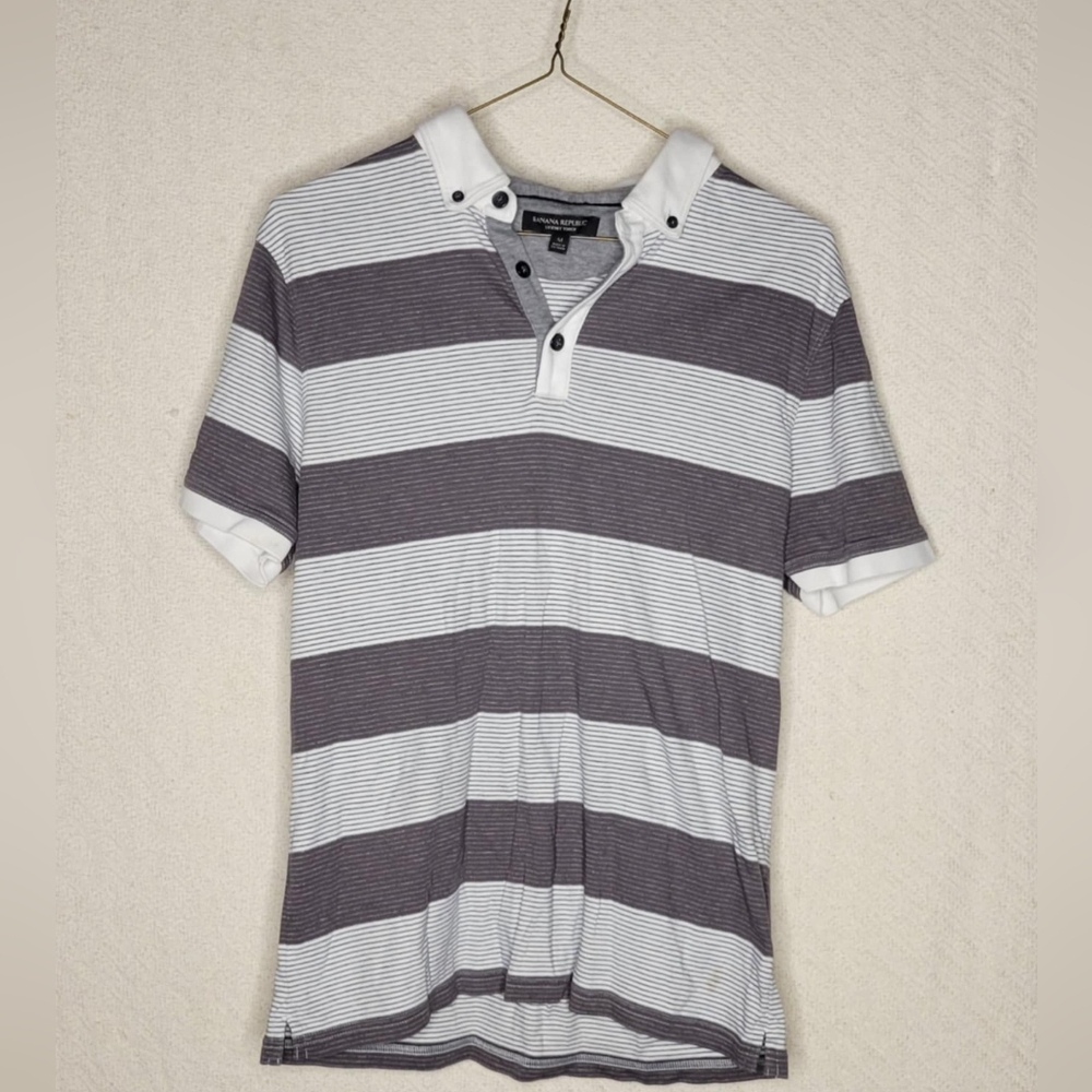 Banana Republic Gray and White Striped Polo Shirt